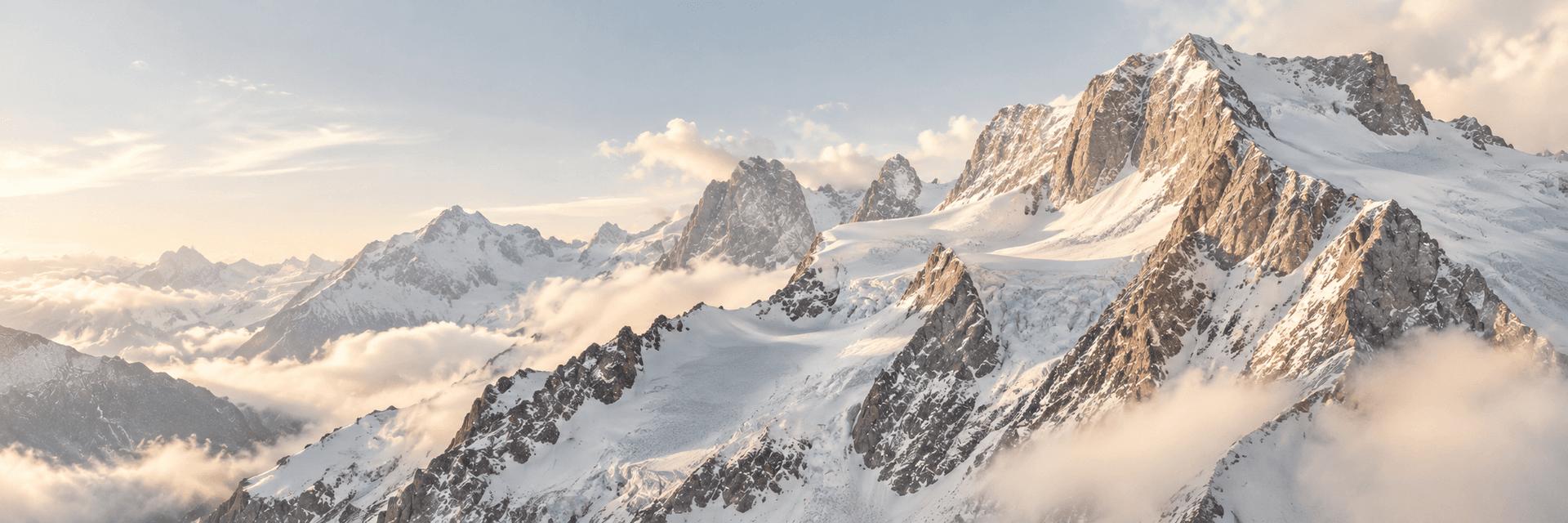 Sunlit snowy peaks rising above a sea of cloud