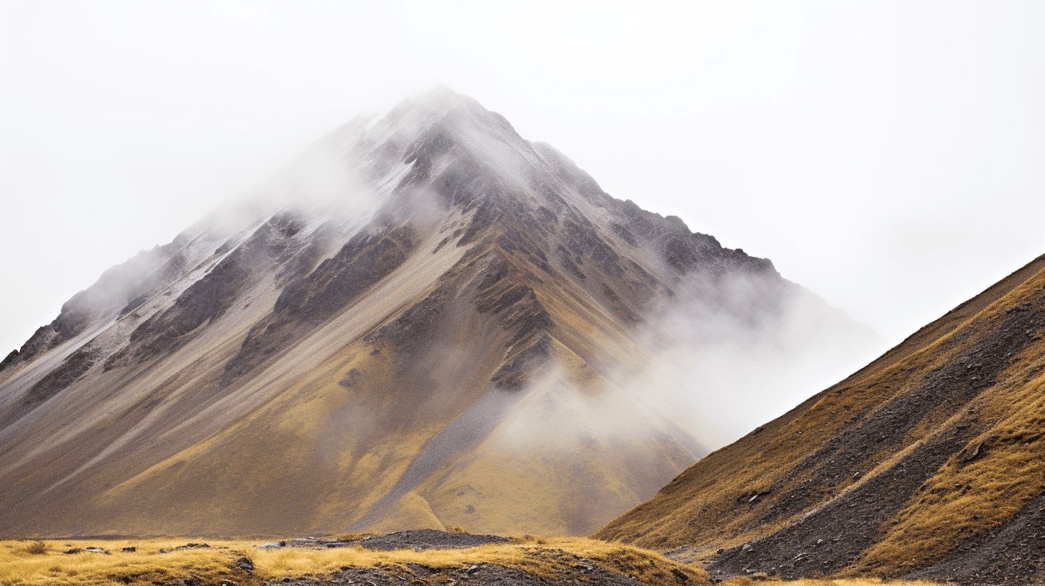 A bare mountain summit with mist drifting across its slopes